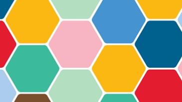 Different brightly coloured illustrated hexagons arranged to create a honeycomb effect